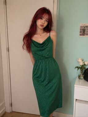 Emerald Green diamond vintage cowlneck midi dress size 2 made in Italy